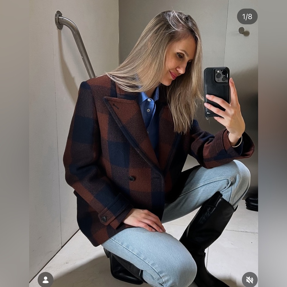 NWT Zara Manteca Wool Jacket Coat Size Large Brown Blue 2168/708 fall collection - Picture 2 of 11